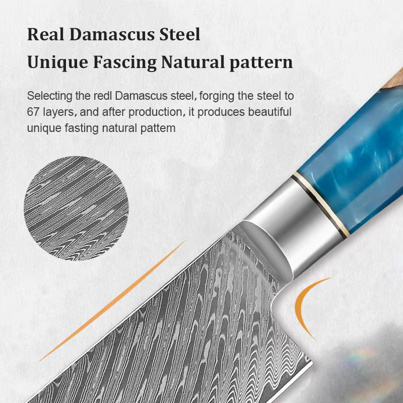 Baovim Profi Küchenmesserset aus Damaststahl mit blauem Harz-Holzgriff, 1–6 Stück - Bild 5