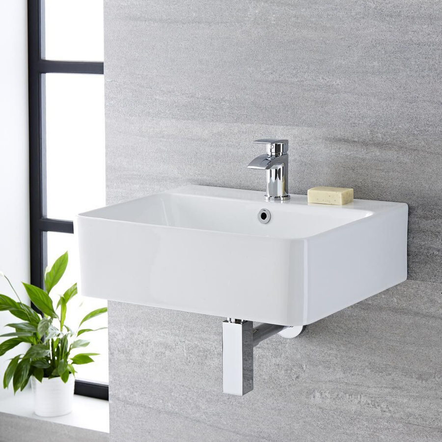 Rechteckiges Hängewaschbecken aus Keramik von Exton in Weiß mit beige Überlauf und 1 Hahnloch, B: 52,0 cm, T: 42,0 cm - Bild 1