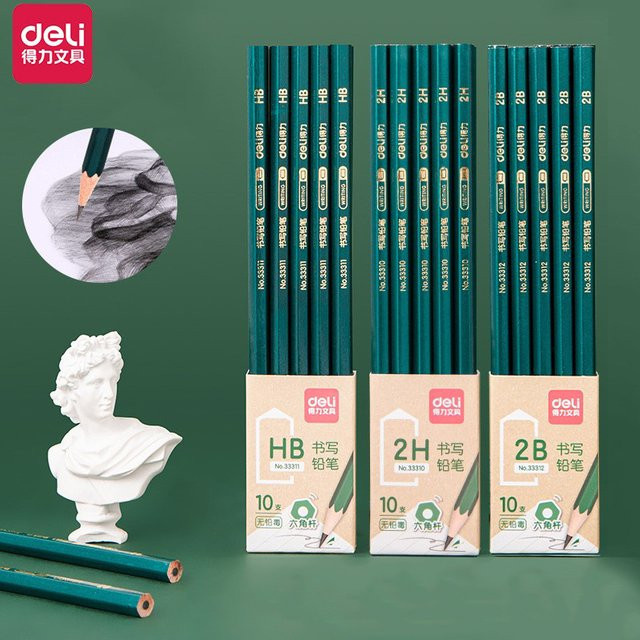 Deli Bleistifte Set 10 Stück in Grün mit den Härtegraden 2H, HB und 2B zum Schreiben, Skizzieren und Zeichnen für Schüler und Kinder - Bild 1