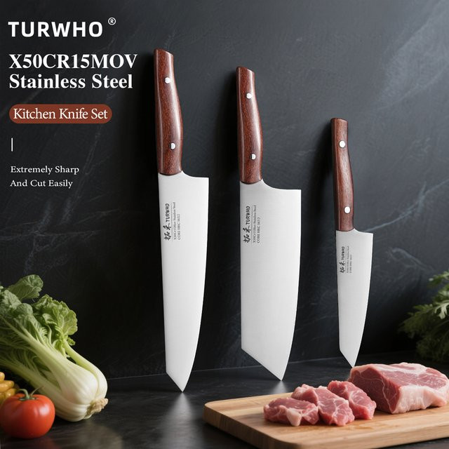 TURWHO 3-teiliges professionelles japanisches Küchenmesser-Set aus Edelstahl mit Utility, Kiritsuke und Cleaver - Bild 1