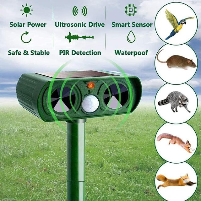 KITPIPI Solar Ultraschall-Tierabwehr mit LED-Licht und Alarm für Garten und Outdoor, Farbe: Grün - Bild 1