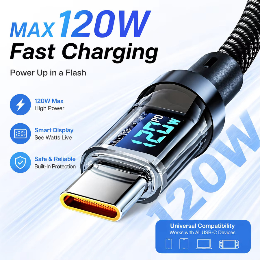 USB-A zu USB-C Ladekabel mit 120W PD Schnellladung und LED-Leistungsanzeige, Nylon-Ummanteltes Typ-C-Kabel mit 480Mbps Datensynchronisation, Schwarz - Bild 5