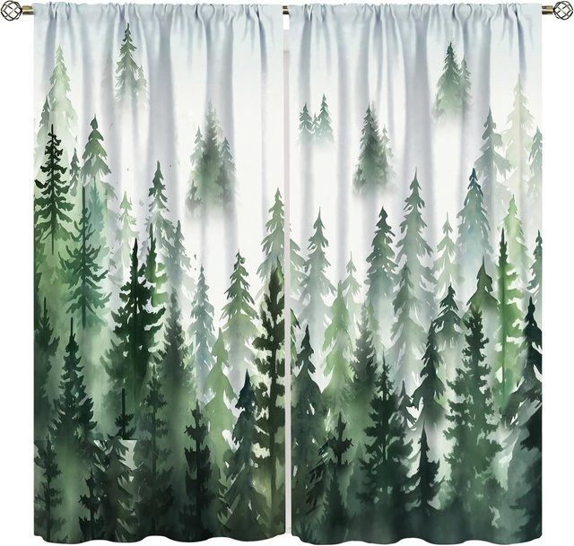 Tonnika Chen Vorhänge mit grünem Wald Aquarell Baum Silhouette Natur Landschaft Druck aus Polyester, Farbe: Grün, B: 100 cm, H: 70 cm, 2er-Set - Bild 1