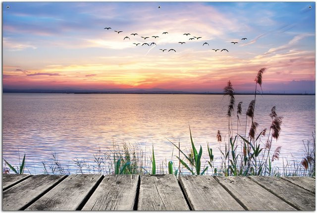 Wallario Gartenposter 2-teilig Seepanorama mit Schilf und fliegenden Vögeln, B/H: 180 x 180 cm - Bild 1