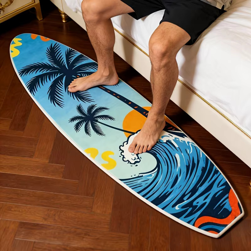 VIKAMA Surfbrett-Fuzzy-Teppich mit tropischen Wellen und Palmen in Blau, weiche Bodenmatte für Wohnzimmer, Schlafzimmer oder Flur, Breite: 120 cm - Bild 2