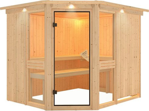 Karibu Sauna Pölva 3 für 4 Personen aus Fichtenholz in Beige, B/T/H: 245 x 210 x 202 cm - Bild 1
