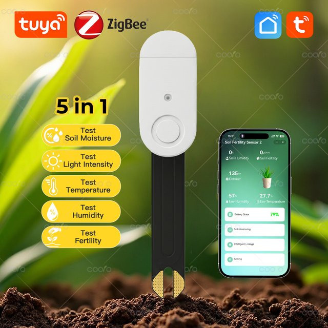Tuya Zigbee 5-in-1 Boden- und Wassertester in Weiß für Pflanzen zur Messung von Bodenfeuchtigkeit, Temperatur, Luftfeuchtigkeit, Fruchtbarkeit und Beleuchtungsstärke - Bild 1