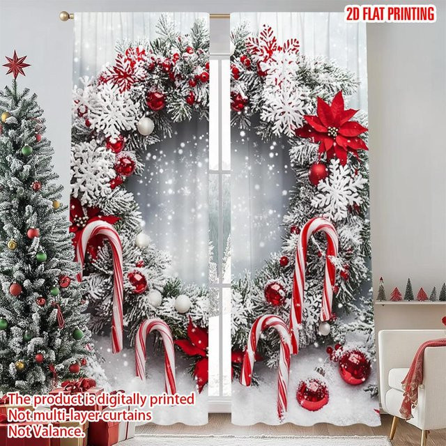 Tonnika Chen Weihnachts Vorhang Set mit Schnee und Süßigkeiten Motiv, Multicolor, Polyester, B: 100 cm, H: 70 cm - Bild 1