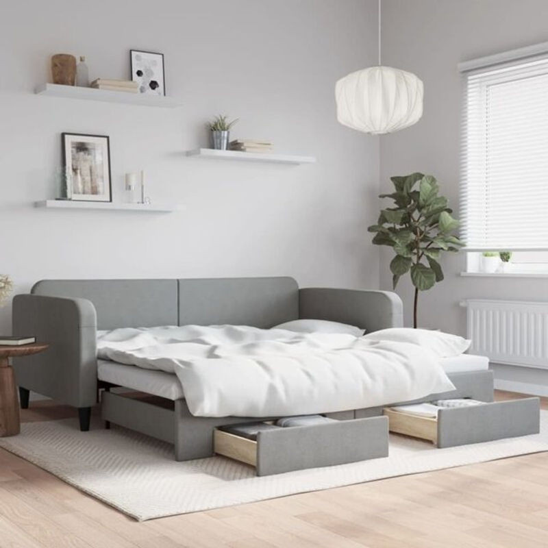 Ausziehbares Funktionsbett vidaxl mit Schubladen in Grau aus Stoff und Metall, B/T: 100 x 200 cm - Bild 1