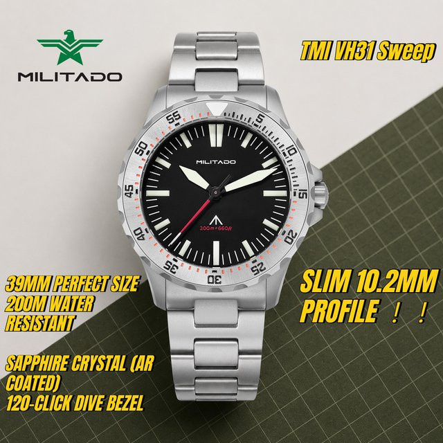Militado Taucheruhr, Quarz, Edelstahl, 39 mm, Saphirglas, 20 ATM, Herren - Bild 1