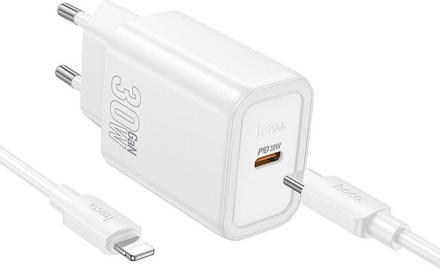 HOCO N62 Netzladegerät mit USB-C und Lightning-Kabel, 30W, 3A, Weiß - Bild 1