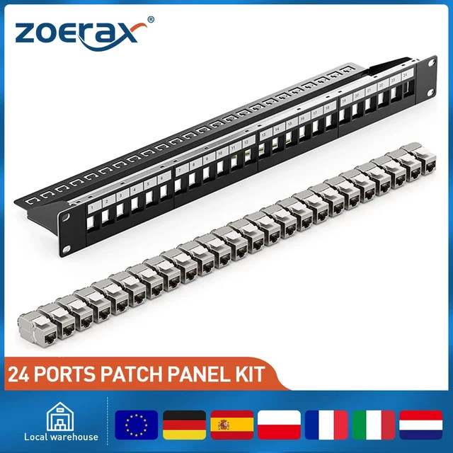 ZoeRax RJ45 Patchpanel Schwarz mit CAT7 Keystone-Buchsen, 1U 19-Zoll geschirmtes Ethernet LAN Patchpanel mit abnehmbarer Rückwand für CAT7/6A Kabel - Bild 1