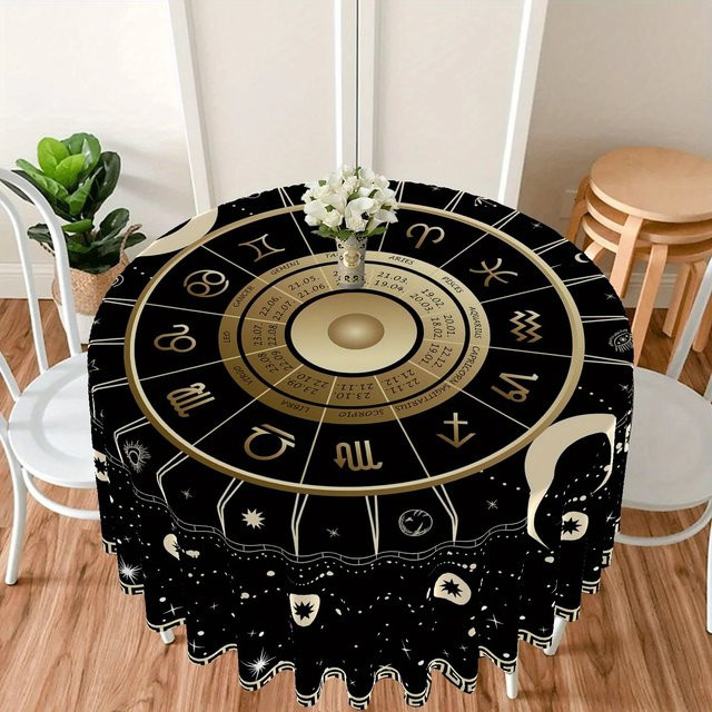 VIKAMA Tarot-Astrologie-Tischdecke mit Sternbild-Ring in Schwarz, wasserabweisend und schmutzabweisend, runde Leinentischdecke - Bild 1