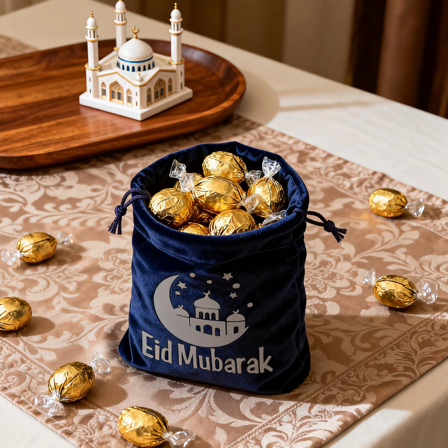 5 Stück Eid Mubarak Kordelzug-Geschenktaschen für Ramadan und Islamische Feste in Blau für Kinder und Familien - Bild 3
