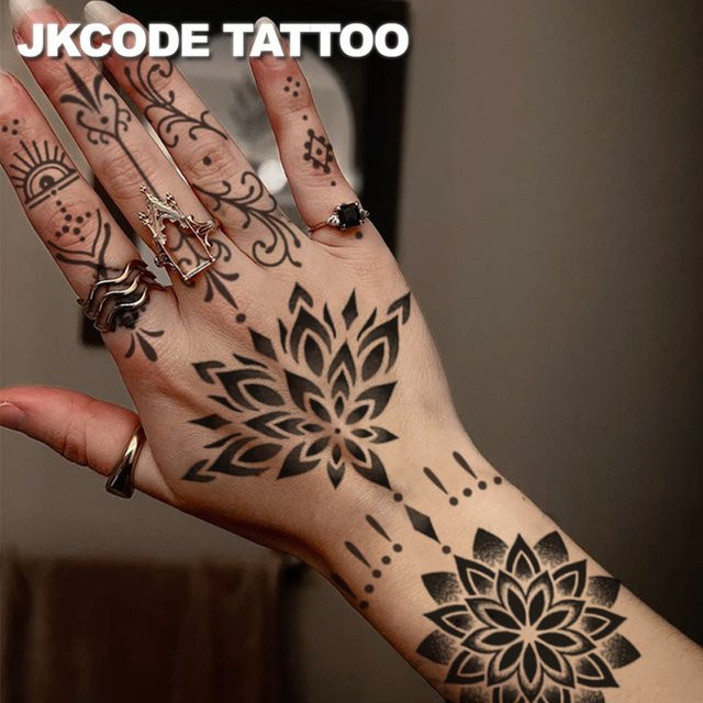 JKCODE TATTOO Handtattoo Damen, Blatt- und Rosenmuster, Halbmond - Bild 1
