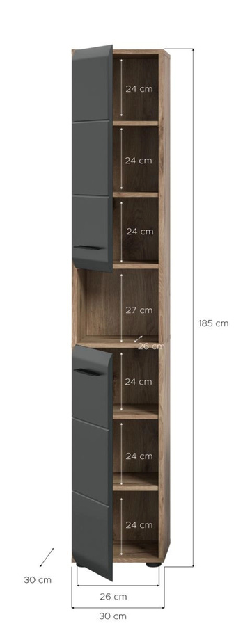 Badezimmer Hochschrank Inn.Furn in Schwarz und Eiche mit offenen Regalfächern, B/T/H: 30 x 30 x 185 cm - Bild 6
