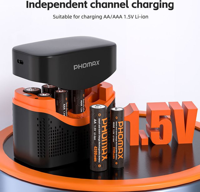 PHOMAX Wiederaufladbare Lithium-Batterien AA 4200mWh und AAA 1100mWh mit 8-Slot-Ladegerät für Maus und Fernbedienung - Bild 1