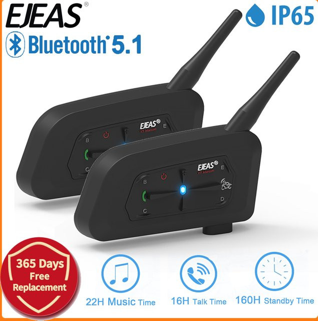 EJEAS V7 Motorradhelm Bluetooth-Intercom Headset mit Bluetooth 5.1 für 7 Fahrer, 700 m Reichweite, Schwarz, IP65 wasserdicht - Bild 1