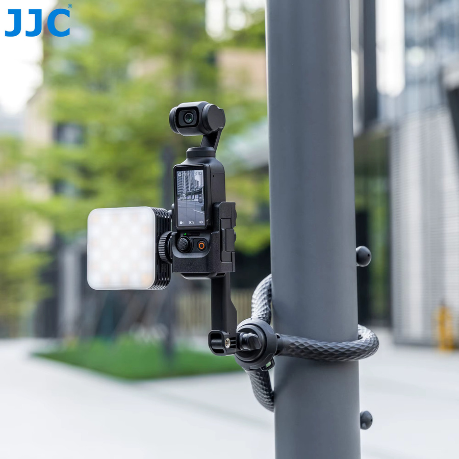 JJC Erweiterungsadapterhalter für DJI Osmo Pocket 3 und Pocket 4 mit Cold-Shoe-Halterung, LED-Licht und Mikrofonhalterung, Schwarz - Bild 5