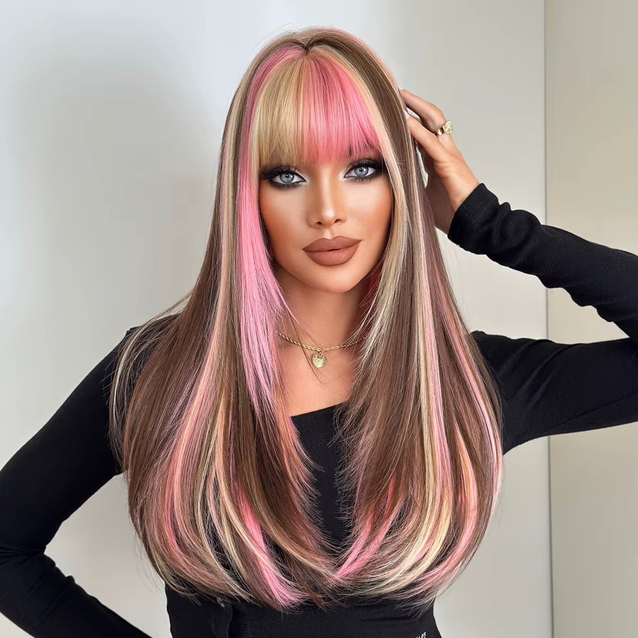 7JHH WIGS Perücke, braun mit rosa Highlights, synthetisch, Damen - Bild 2