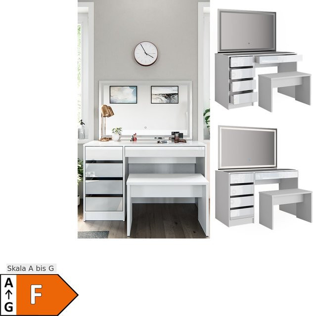 Vicco Schminktisch Sherry Weiß Hochglanz mit LED-Spiegel, Bank und 5 Schubladen, B: 120 cm, H: 75 cm, T: 55 cm - Bild 1