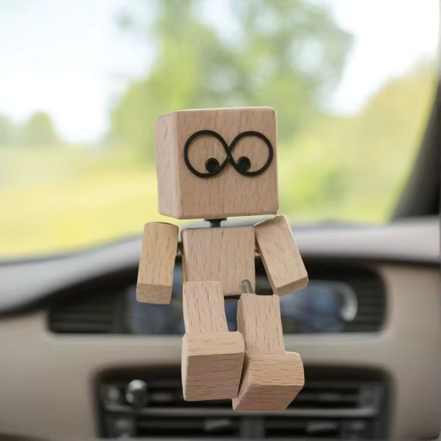 Handgefertigte Holzmann-Figur von YESPLEASE als Wackelkopf-Puppe mit beweglichen Füßen für das Auto-Armaturenbrett oder als Desktop-Dekoration aus Holz - Bild 4
