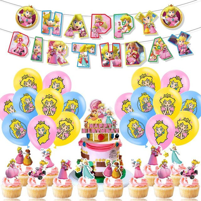 32-teiliges Prinzessin Peach Geburtstagsparty Zubehör Set in Gelb und Multicolour mit Banner, Kuchenaufsatz und Luftballons - Bild 1