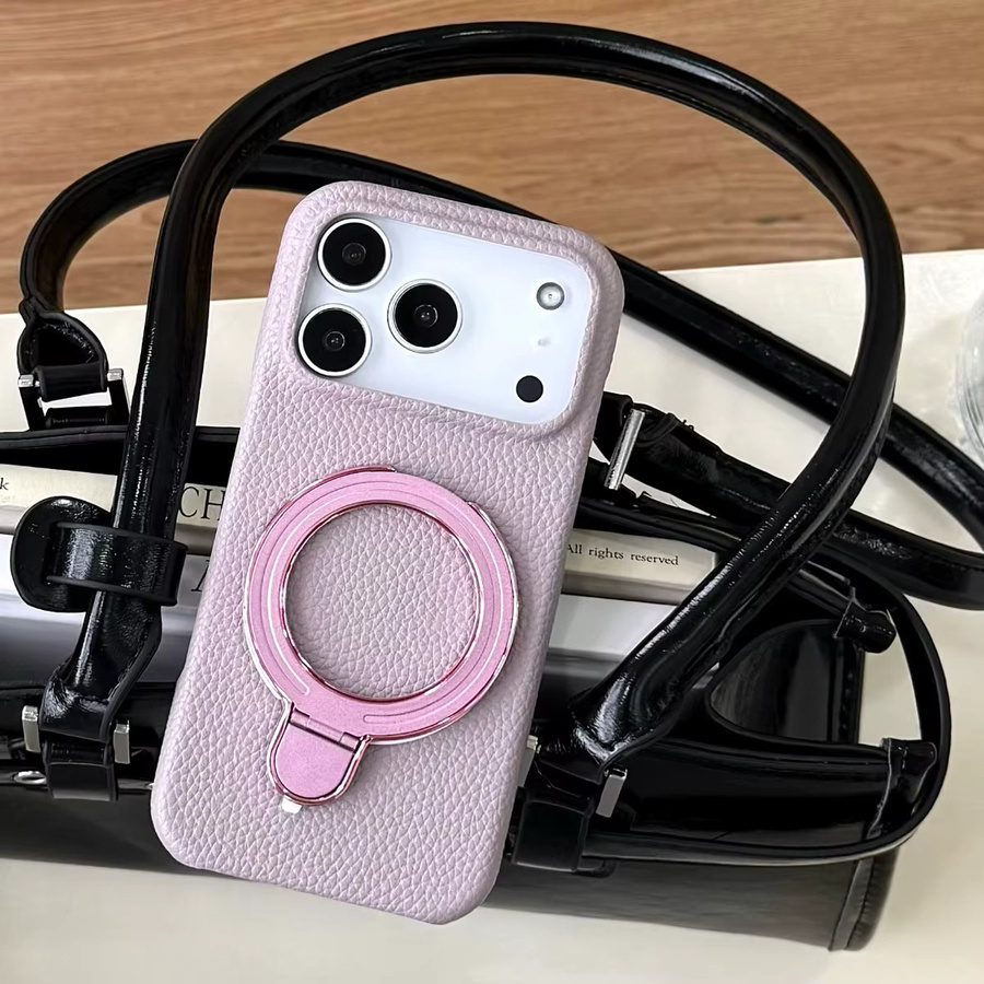 Magnetische Leder Handyhülle mit Metallringständer für iPhone 12 bis iPhone 17 Pro Max MagSafe kompatibel, Farbe: Weiß - Bild 3