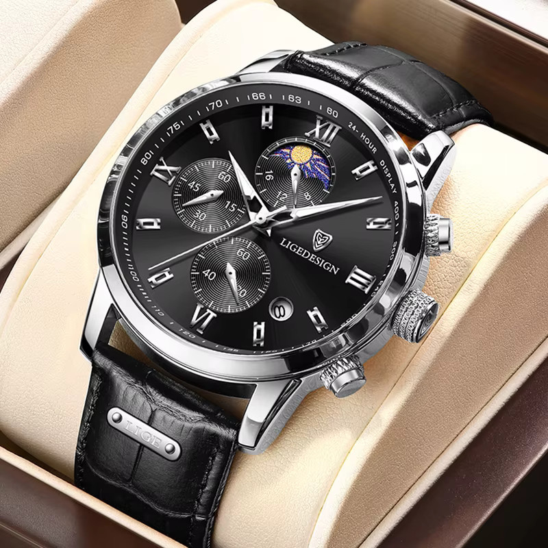 LIGE Armbanduhr Quarz, Leder, Schwarz, Herren - Bild 6