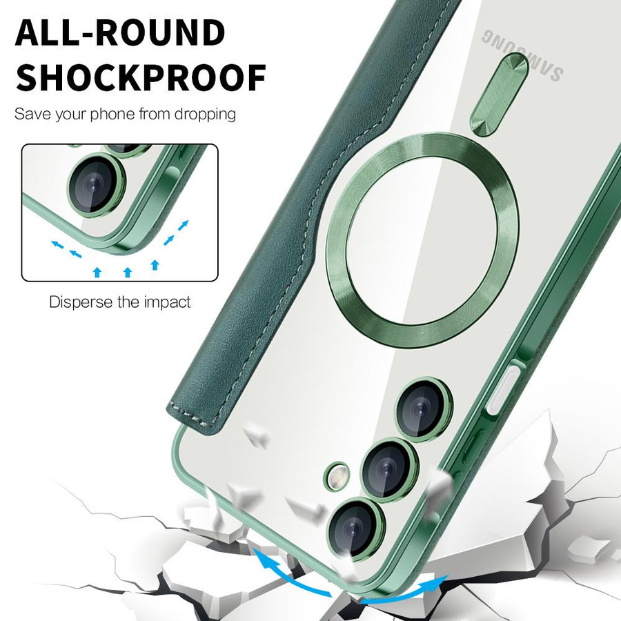 Magnetische Lederhülle für Samsung Galaxy A56 A55 A36 A35 A26 A15 A16 A05 A06 mit transparenter Kartenabdeckung und kabellosem Laden in Grün - Bild 1