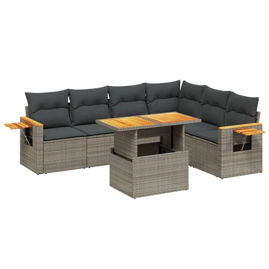 vidaXL 7-teilige Garten-Sofagarnitur in L-Form aus Poly-Rattan und Akazienholz in Grau mit Kissen - Bild 2
