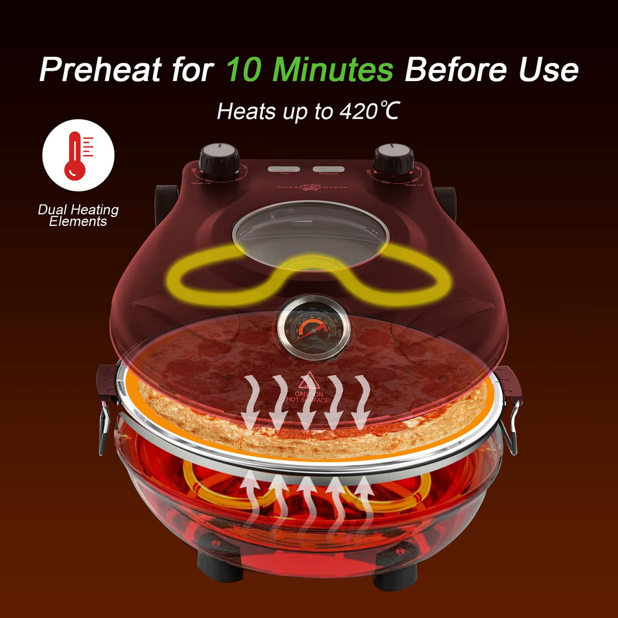 YIBAKE Elektro-Pizzaofen 12 Zoll in Rot mit Keramikstein und dualer Temperaturregelung bis 420 Grad - Bild 4
