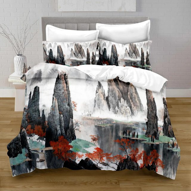 Bettwäscheset mit chinesischer Tuschemalerei und Berglandschaft aus Polyester, 2-teilig, B/H: 70 x 133 cm - Bild 1