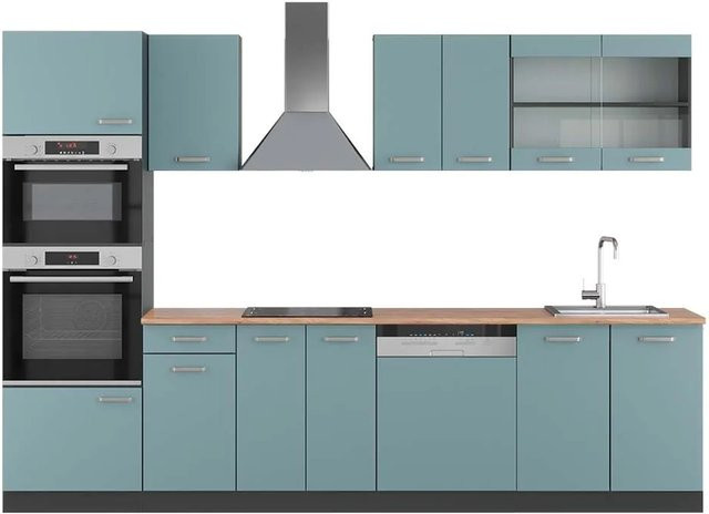 Vicco R-Line Küchenzeile in Blau-Grau und Anthrazit mit Hochschrank, Breite: 300 cm - Bild 1