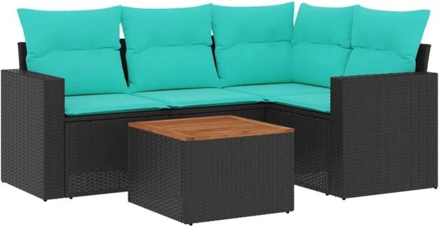 vidaXL 5-teilige Garten-Sofagarnitur aus Polyrattan in L-Form mit Kissen und Couchtisch, Schwarz und Blau - Bild 1