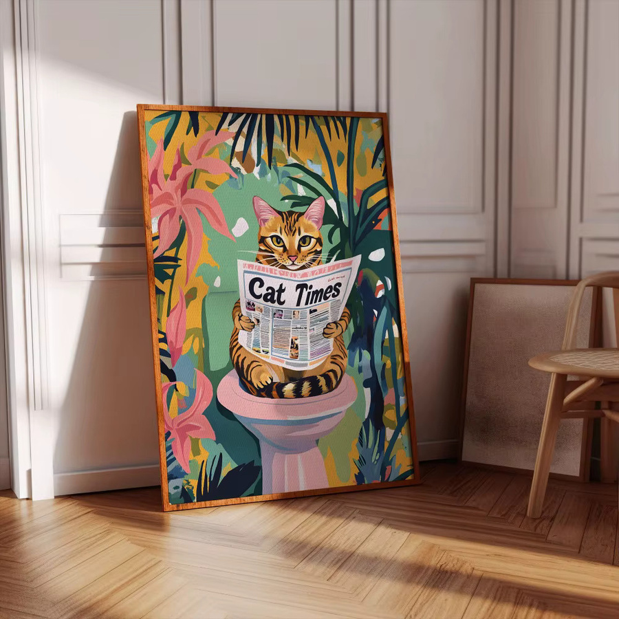 Cat Times Lustiger Bengal-Katzen-Kunstdruck als moderne Leinwand-Wanddekoration für dein Badezimmer, Mehrfarbig, ungerahmt - Bild 2