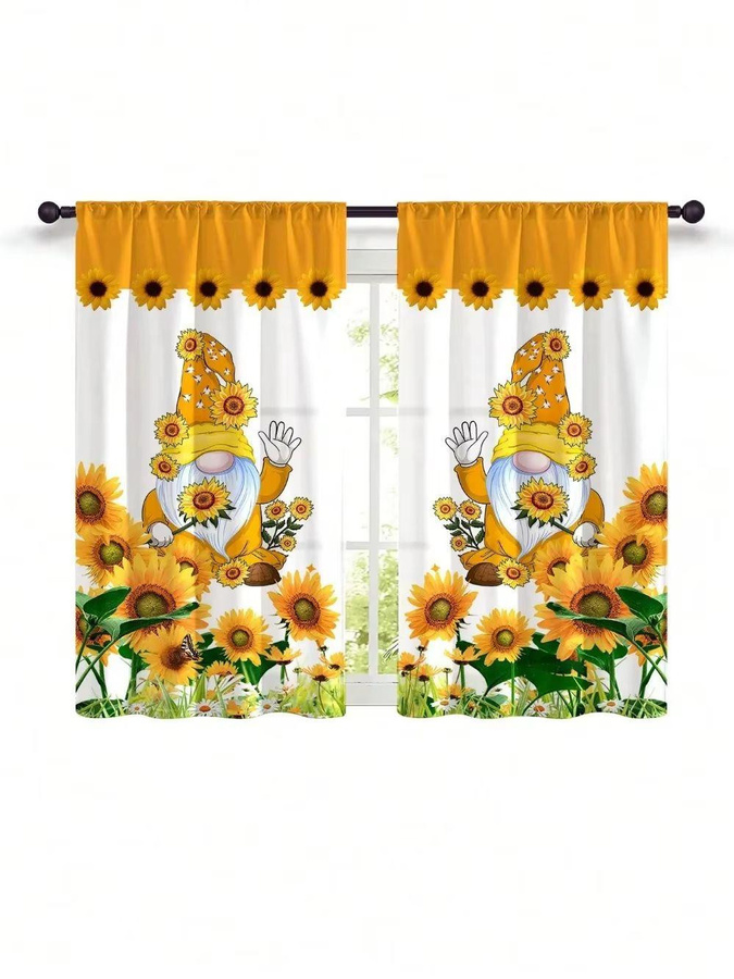 2er-Set Fenstervorhänge von Household supplies MH mit Sonnenblumen-Print und Karomuster, halbtransparent, B: 70 cm, H: 90 cm, Mehrfarbig - Bild 1