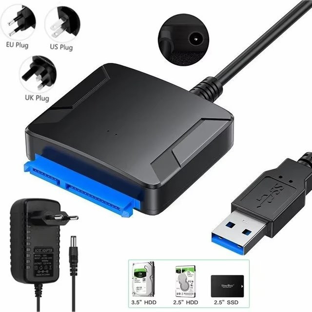 Congdi SATA zu USB 3.0 Adapterkabel für 3,5 und 2,5 Zoll SSD HDD SATA III Festplattenkonverter mit 12V 5A Netzteil, Schwarz - Bild 1