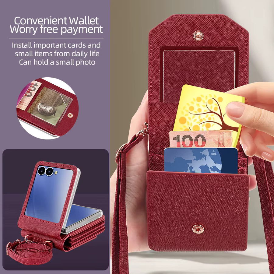VIETAO Mädchen Handyhülle aus PU-Leder mit Kartenetui und Umhängeband für Samsung Galaxy Z Flip 7, Flip6, Flip5, Z4, Z3 in Rot - Bild 3