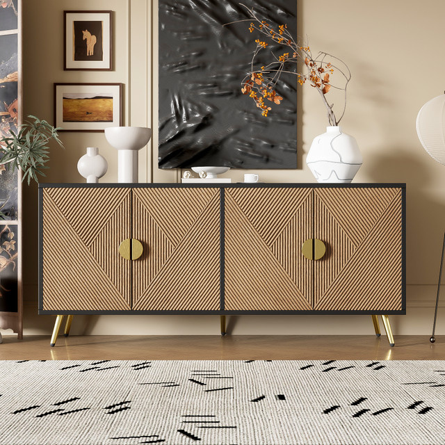 PINGGO Moderner Minimalistischer Beistellschrank mit Vier Türen in Schwarz und Gold mit Matt-Finish und Geometrischem Design für dein Wohnzimmer - Bild 1