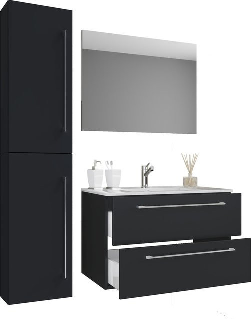 VCM Badinos 4-tlg. Badmöbel Set in Schwarz Matt mit Keramik-Waschtisch, Unterschrank, Hochschrank und Spiegel, B/H/T: 81 x 151 x 46 cm - Bild 1
