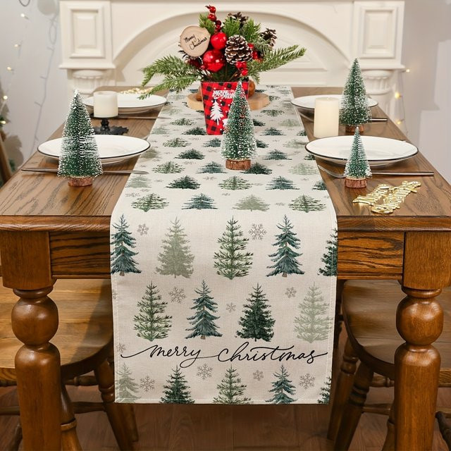 VIKAMA Weihnachts-Tischläufer mit Weihnachtsbaum- und Schneeflockenmuster zur Tischdekoration - Bild 1