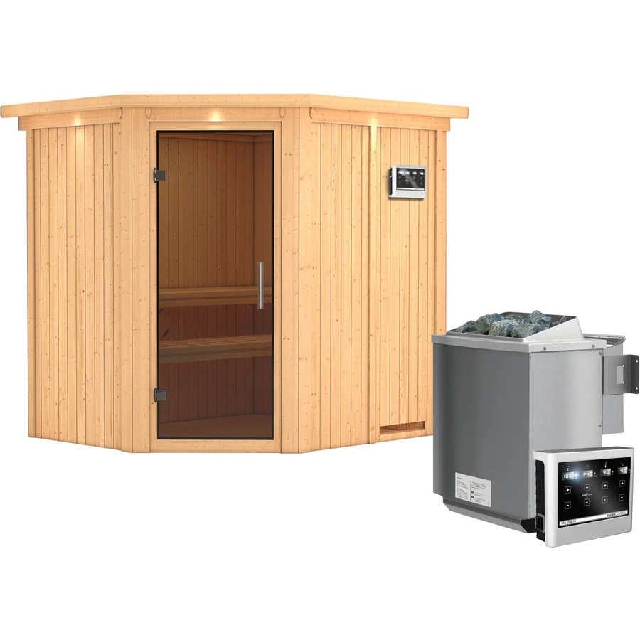 Karibu Sauna Swenna in Graphit mit 9 kW Bio-Ofen, externer Steuerung, Dachkranz und Ganzglastür - Bild 2
