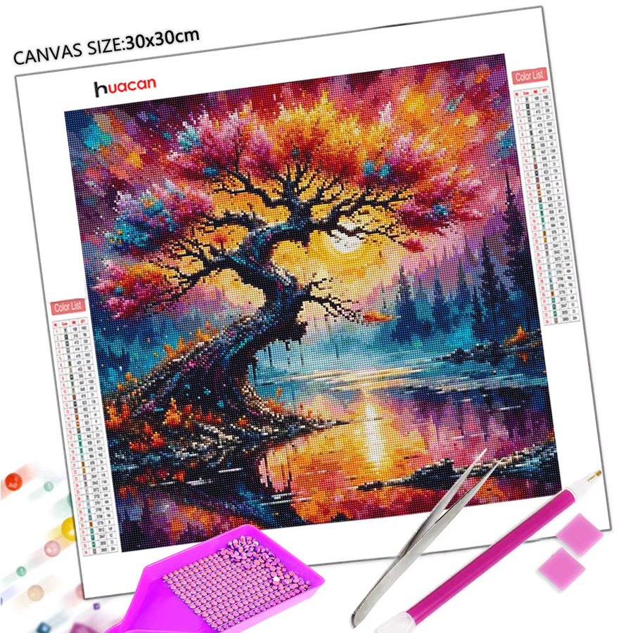 Huacan 5D DIY Diamantmalerei Sonnenuntergang Landschaft Wanddeko Rund, Mehrfarbig - Bild 2