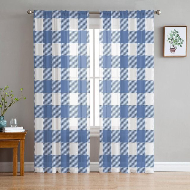 Dunkelblaue karierte transparente Vorhänge im Landhausstil aus Organza, Breite: 135 cm, Höhe: 185 cm - Bild 1