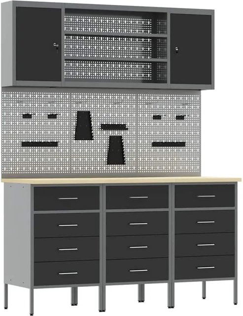 vidaXL Werkbank mit 7 Teilen und Schubladen in Schwarz aus Holz und Stahl mit Pegboard - Bild 1