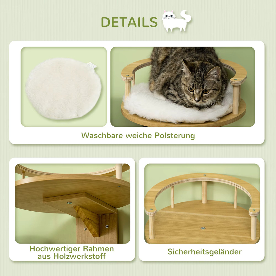 PawHut Katzenbett für die Wandmontage aus Eiche und Plüsch in Cremeweiß, Durchmesser: 34 cm, Höhe: 10,5 cm - Bild 3
