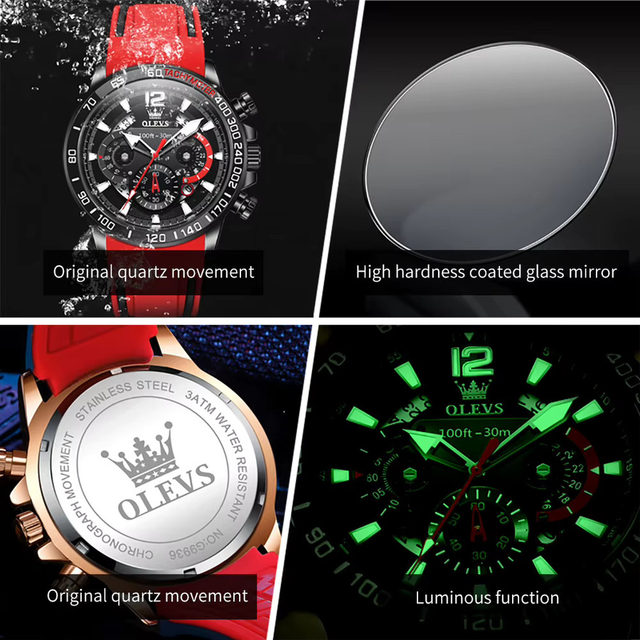 OLEVS Chronograph, Quarzuhr, Silikonarmband, Schwarz, Herren, 46mm - Bild 5