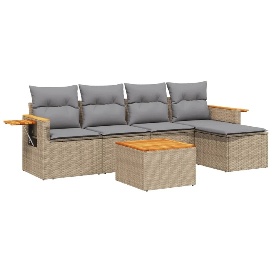 vidaXL 6-teilige Garten-Sofagarnitur aus Poly-Rattan und Akazienholz in Beige mit Kissen - Bild 2