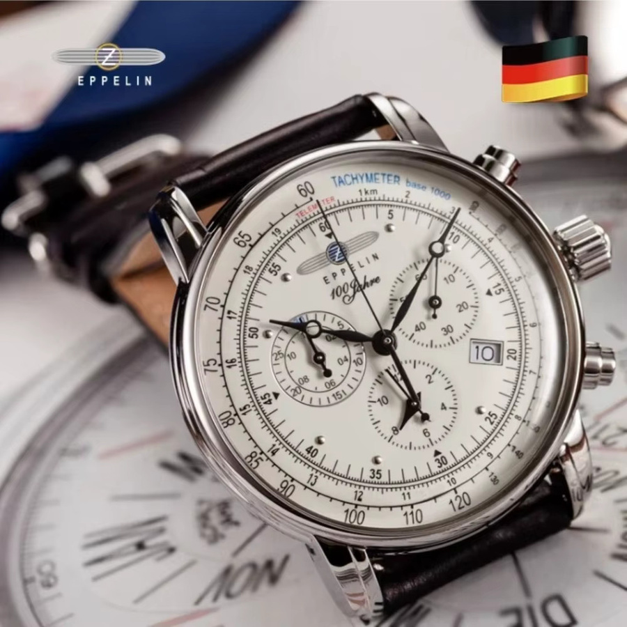 Zeppelin Armbanduhr, Quarz, Edelstahl, Leder, Weiß, Herren - Bild 4